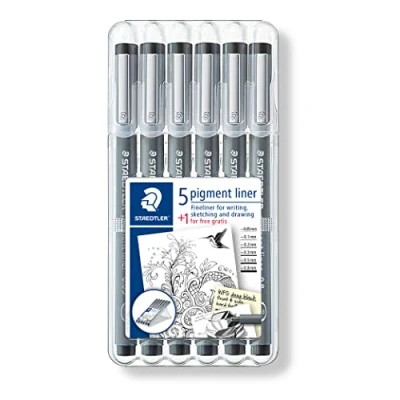 Image of STAEDTLER ‎308 SB6P1 Pigment Liner Fineliner Pens with Assorted Line Width Black (Set of 5 + 1 Free)