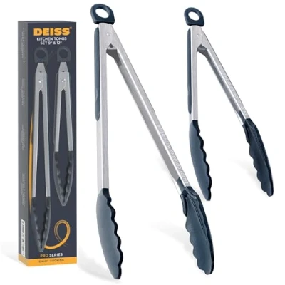 Image of Deiss Pro Stainless Steel Heat Resistant BBQ Kitchen Tongs Set of 2, Non Scratch Silicone Tip for Nonstick Cooking Pans, Strong Grip Grabbing Food, Air Fryer, Pull Lock, 9 and 12 Inch, Black