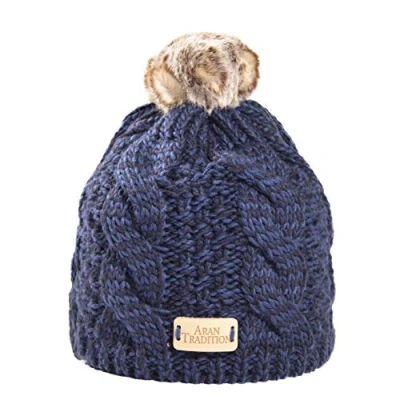 Image of Aran Traditions Warm Winter Cable Knit Faux Fur Bobble Beanie Hat (Navy)