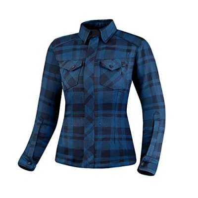 Image of SHIMA Renegade Lady 2 Motorcycle Shirt for Women Armored Plaid Biker Flannel Jacket with Kevlar by Dupont Layer, CE Back, Shoulder, Elbow Protectors, Zipper Closure (Blue, XL)