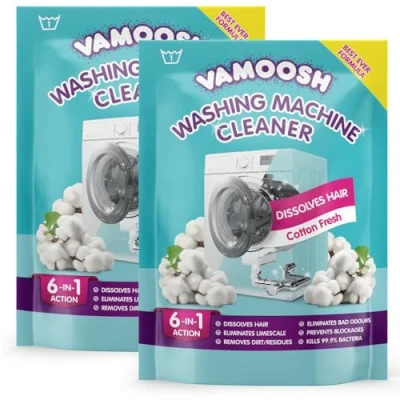 Image of Vamoosh 6 in 1 Washing Machine Cleaner, Dissolves Hair, Eliminates Bad Odours, Removes Limescale, Deep Clean, Leaves Smelling Fresh, Antibacterial, Descales (Cotton Pack of 2)