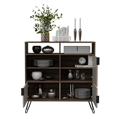 Image of Home Source Tall Sideboard Cupboard, Open Shelves Storage Cabinet, Two Tone Oak Effect, 3 Door, Engineered Wood