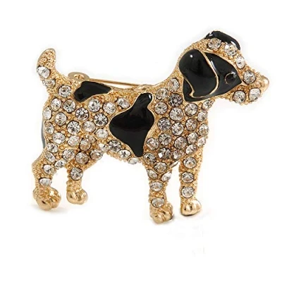 Image of Avalaya Clear Crystal with Black Enamel Spots Jack Russell Terrier Dog Brooch in Gold Tone Metal 40mm Across