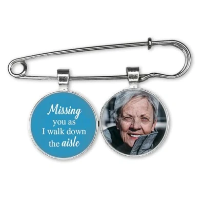 Image of Missing you as I walk down the aisle Personalised Wedding Bouquet Photo Bridal Charm with Lapel Pin Bride Remembering Dad Mum Nanny Grandad Boutonniere Custom Memory Memorial Keepsake (Blue)