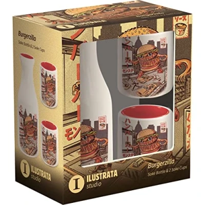 Image of Pyramid International Ilustrata Sake Drinking Set (Burgerzilla Design) in Presentation Gift Box Official Merchandise
