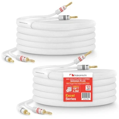 Image of Nakamichi Excel Series 24k Gold Plated Banana Plug with (15 Feet) Speaker Cable Wire 99.9% Oxygen Free Copper (OFC) Heavy Duty Braided In Wall CL2 Rated White (12AWG / 15ft 4.5m) 2 Pack