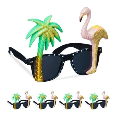 Image of Relaxdays Hawaii Cocktail Party Flamingo &amp; Palm Trees, Set of 5, Gag Glasses, Carnival Sunglasses, Coloured, 12 x 16 15.5 cm