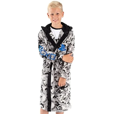 Image of PlayStation Dressing Gown For Boys &amp; Girls Kids Camo Monochrome Game Controller Pocket Bathrobe Childrens Soft Fluffy Nightwear Robe 11 12 Years