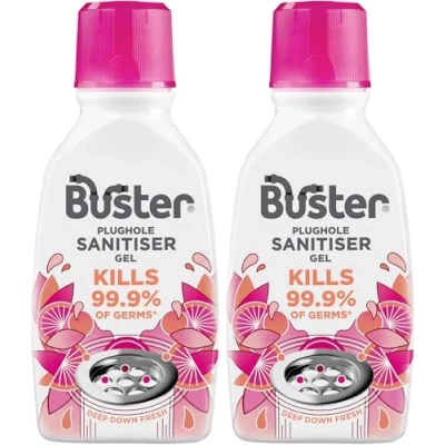 Image of Buster Sanitiser Gel 300ml x 2 Berry Fragranced Plughole Freshener Kills 99.9% Germs Coats Pipes to Tackle Stains &amp; Smells 6 Doses per Bottle