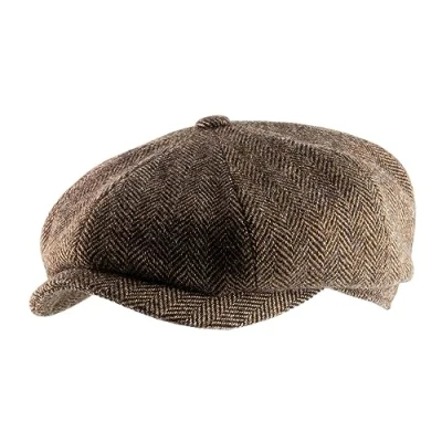 Image of Stetson Hatteras Classic Wool Flat Cap Men Newsboy with Peak, Lining, Lining Autumn Winter 59 cm Brown Black