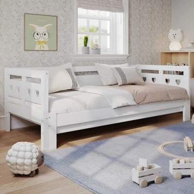 Image of Merax Sofa Bed Wooden 3ft Single Heart Shaped Frames Day Pull out Guest Cabin for Children Adults Trundle Living Room and Bedroom 90 X 190 cm White