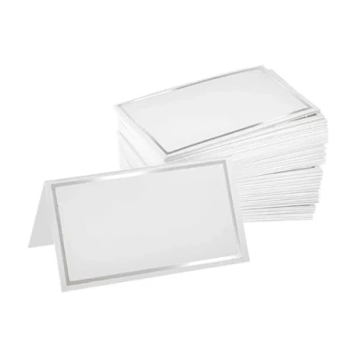 Image of HugeDE 50 Pcs Small Table Cards Wedding Place White Name Blank Seating Party Tent Setting with Foil Border Silver