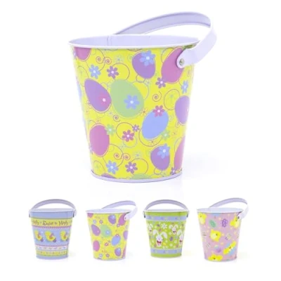 Image of Easter Egg Hunt Bucket Tin Basket Collection With Handle Candy Pail Gifts Design Varies One Supplied