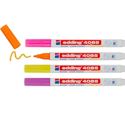 Image of edding 4085 chalk marker rasberry, pink, yellow, orange (neon) 4 pens round nib 1 2 mm, wet wipe pen for chalkboards, windows, glass, mirrors liquid opaque coverage