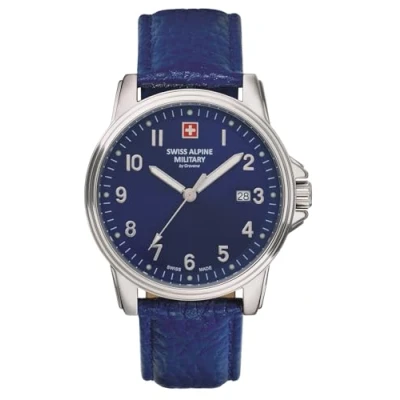 Image of Swiss Alpine Military Men&#039;s Watch Analogue Quartz 7011.1 Leather, Blue/Silver/Blue 1535sam, Strap.
