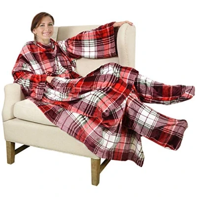 Image of Catalonia cosy fleece TV blanket with sleeve and foot pockets, large wrap around for women men, 190 cm x 135 Plaid Red