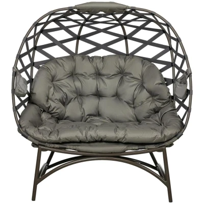Image of Outsunny Egg Chair Outdoor, 2 Seater Folding Weave Garden Furniture with Cushion, Cup Pockets for Patio Balcony Sand Brown