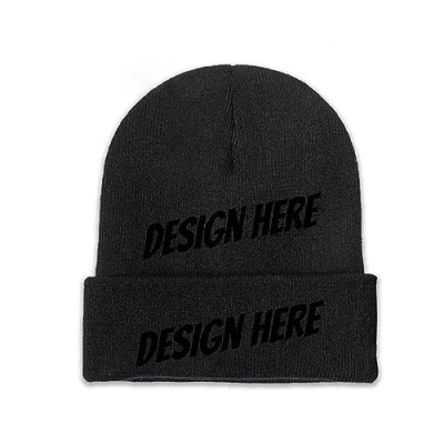 Image of Knit Cuffed Beanie Hats Your Own Picture Text Logo Mens Womens Unisex Black