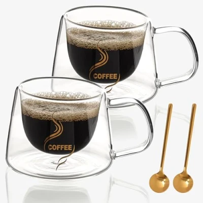Image of BELLE VOUS 2 Pack of Double Walled Clear Glass Coffee Mugs with Handles 200ml/7oz Insulated/Heat Resistant Cups for Hot/Cold Drinks Glasses Suitable Espresso, Coffee, Latte, Cappucino &amp; Tea
