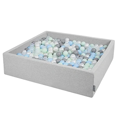 Image of KiddyMoon Soft Ball Pit Square 120X30cm/200 Balls ∅ 7Cm / 2.75In For Kids, Foam Pool Baby Playballs Children, Made In EU, Light Grey:Pearl Grey Transparent Babyblue Mint