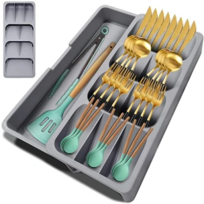 Image of [Upgraded] Cutlery Tray Drawer Organiser, Compact Space Saving Expandable Flatware Silverware 9 compartments, Storage for Kitchen Utensils Spoons Forks Knife, holds 30+ pieces, Grey
