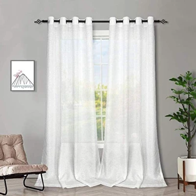 Image of Melodieux 2 Panel Faux Linen Voile Net Curtains Semi Sheer Ring Top Drapes for Bedroom, Living Room, Window White, 55 x 72 inch drop (140 183cm)