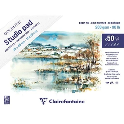 Image of Clairefontaine Ref 975717C Goldline Cold Pressed Watercolour Studio Pad (Pack of 50 Sheets) 30 x 40cm in Size, 200gsm Paper, Acid Free, pH Neutral, PEFC Certified