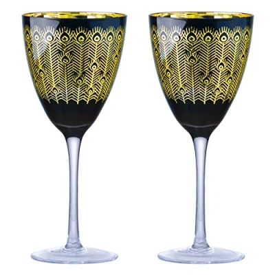 Image of Artland Set of 2 Midnight Peacock Wine Glasses