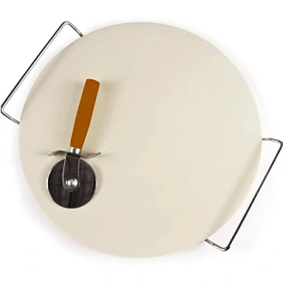 Image of ARA CHOICE Extra Large Ceramic Pizza Baking Stone Set Chrome Stand 33CM + Free Cutter Diameter 33 cm