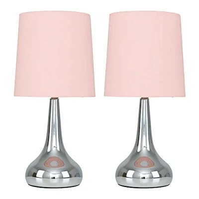Image of MiniSun Pair of Modern Chrome Teardrop Touch Bed Side Table Lamps with Pink Fabric Shades