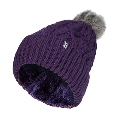 Image of HEAT HOLDERS Ladies Chunky Ribbed Cuffed Thermal Winter Pom Bobble Beanie Hat with Fleece Lining (One Size, Purple (Solna))