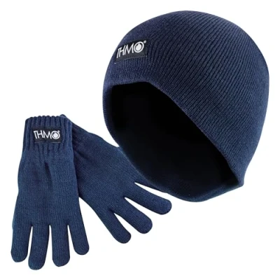 Image of THMO Kids Thinsulate Hat &amp; Gloves Set Knitted Fleece Winter for Childrens (XL, Navy)