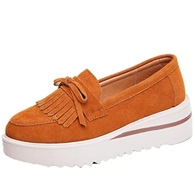 Image of Women Loafers Suede Leather Tassel Bow Knot Slip On Casual Shoes Lightweight Breathable Anti Skid Platform Orange