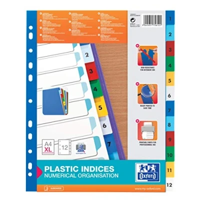 Image of Oxford 100204813 XL Plastic Index Strong Line Numbers 1 12 DIN Pack of 25 A4 Extra Wide for Ideal Storage Document Sleeves