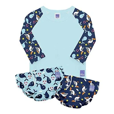 Image of Bambino Mio, Reusable Swim Set NAUTCAL, 6 12 Months 2 Nappies and Rash Vest Top, Baby Toddler, Sun Protection UPF40+
