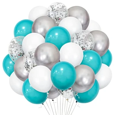 Image of Teal Silver Balloons, 30 Pack 12 Inch Tiffany Blue White Balloon Metallic Confetti Helium Latex Balloons for Birthday Baby Shower Wedding Bachelorette Graduation Party Decorations