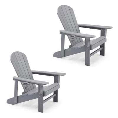Image of VonHaus Grey Adirondack Chair Set of 2 Outdoor Fire Pit for Garden, Patio &amp; Balcony Water Resistant HDPE Slatted Style Firepit Garden with Wide Armrests Ergonomic Sloped Back