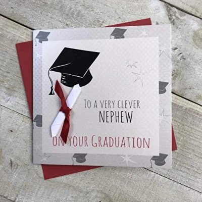 Image of White Cotton Cards to A Very Clever Nephew ON Your Graduation, Handmade Graduation Card Code G15 NE,16cm x 16cm