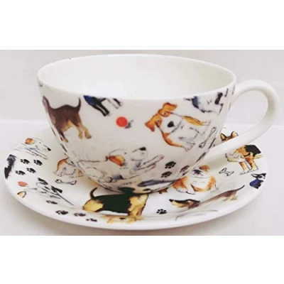 Image of Dogs Breakfast Cup &amp; Saucer Set Fine Bone China Cute Collage Hand Decorated in UK