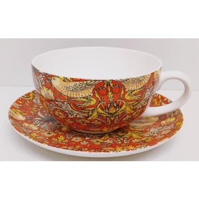 Image of Rainbow Decors William Morris Strawberry Thief Orange Cup Saucer Bone China 300 ml Cappuccino Arts Crafts Art Nouveau Hand Decorated UK