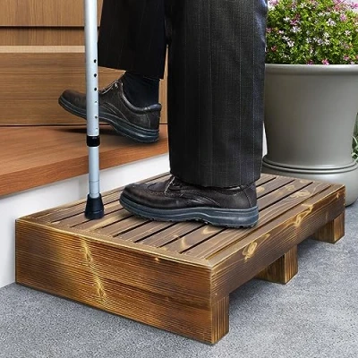 Image of Natural Wood Instant Height Non Slip Outdoor Step Half Instantly Reduces of doorsteps. Mobility Aid.