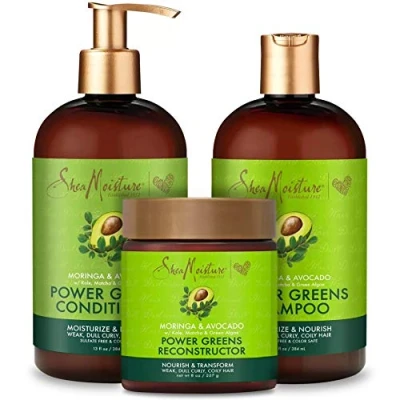 Image of SheaMoisture Power Greens Curly Hair Moringa And Avocado Shampoo, Conditioner Reconstructor Dry to moisturize
