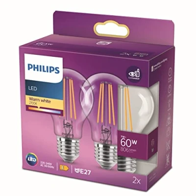 Image of Philips LED Classic A60 Light Bulb Set of 2 [E27 Edison Screw] 7W = 60W Equivalent, Warm White (2700K), Non Dimmable