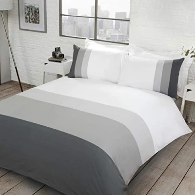 Image of Sleepdown Colour Block Grey Reversible Easy Care Duvet Cover Quilt Bedding Set with Pillowcases Super King (220cm x 260cm), Cotton Mix