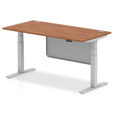 Image of Air 1600x800 Height Adjustable Desk Walnut CP Silver Leg Modesty Panel