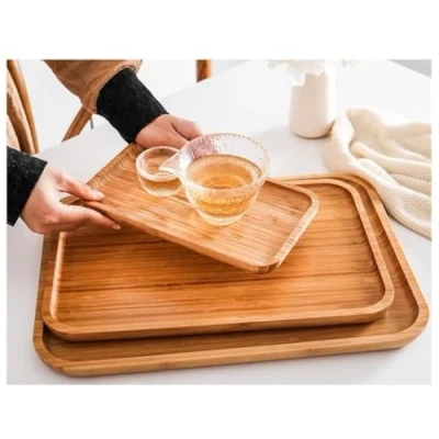 Image of electromax Nest of 3 Serving Trays, Bamboo Tray Set, Breakfast Trays,Bamboo Food Trays with Carry Handles, Easy to Store, Durable and Clean,
