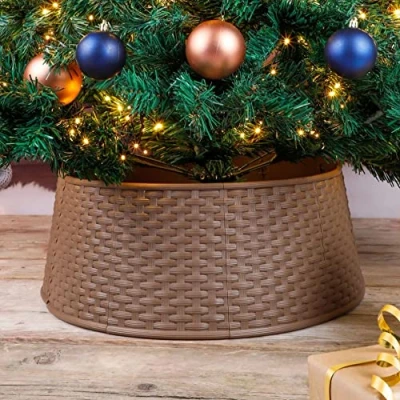 Image of Christmas Tree Skirt Round Brown Plastic Rattan Basket Bottom Cover Festive Xmas Decoration For Indoor and Outdoor Use Storage Tidy to Hide Feet, Base &amp; Wires