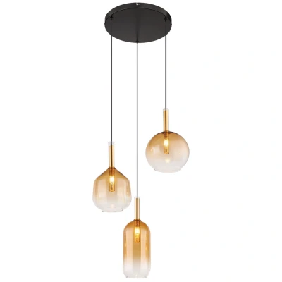 Image of Lopusa Cluster Pendant Ceiling Light Matt Black Amber Glass Shade 3x G9