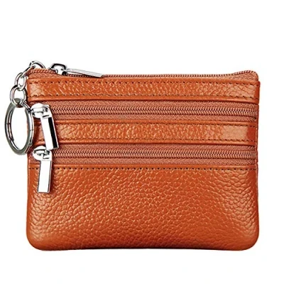 Image of Women&#039;s Genuine Leather Coin Purse Mini Pouch Change Wallet with Keychain,brown