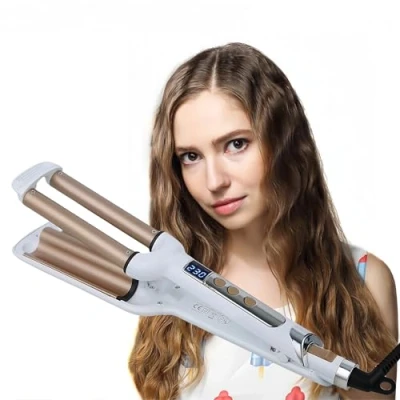 Image of YONAIL 3 Barrel Hair Curler Ceramic Curling Iron Wand Triple Tongs LCD Temp Deep Waver Big Wave with UK Plug (White)